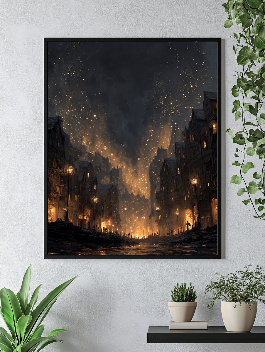 Gothic Firelit Cityscape Fantasy Print. — room view 4
