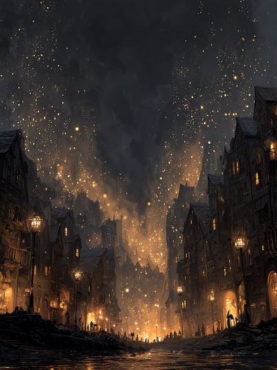 Gothic Firelit Cityscape Fantasy Print. poster print