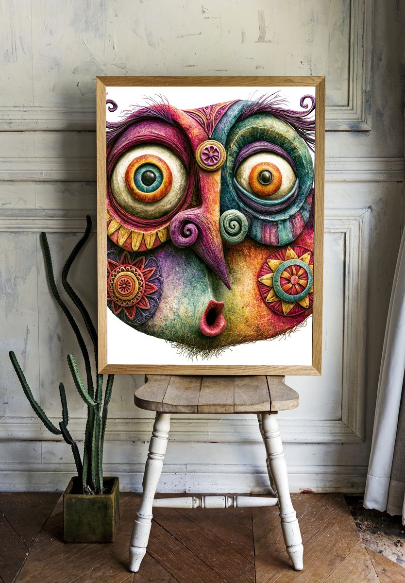 Whimsical Mask Face Illustration Poster. — room view 1