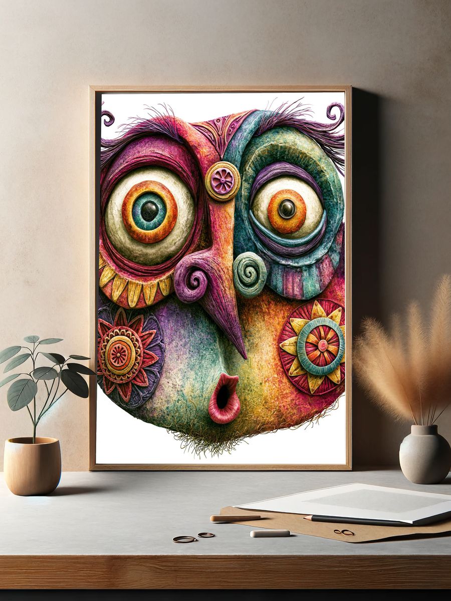 Whimsical Mask Face Illustration Poster. — room view 2