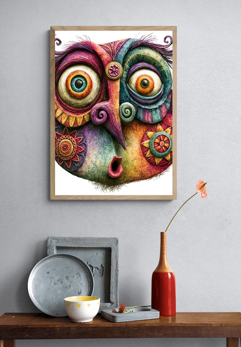 Whimsical Mask Face Illustration Poster. — room view 3