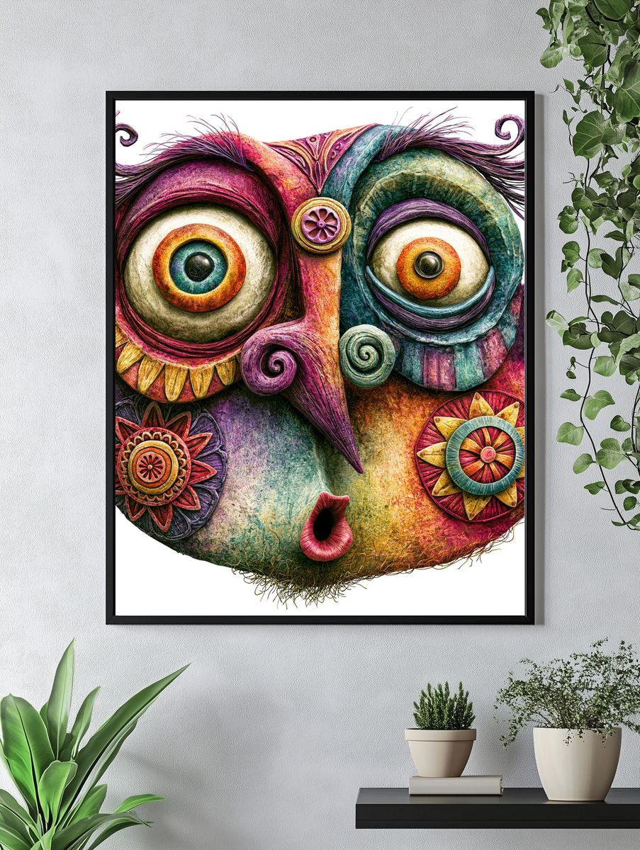 Whimsical Mask Face Illustration Poster. — room view 4