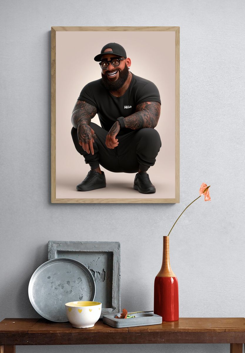 Smiling Tattooed Man Portrait Print. — room view 3