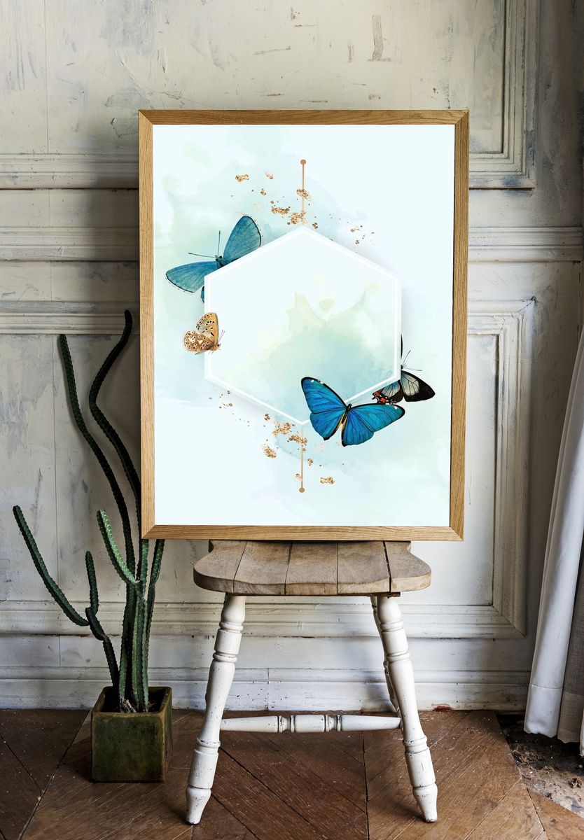 Hexagon frame blue butterflies patterned. — room view 1