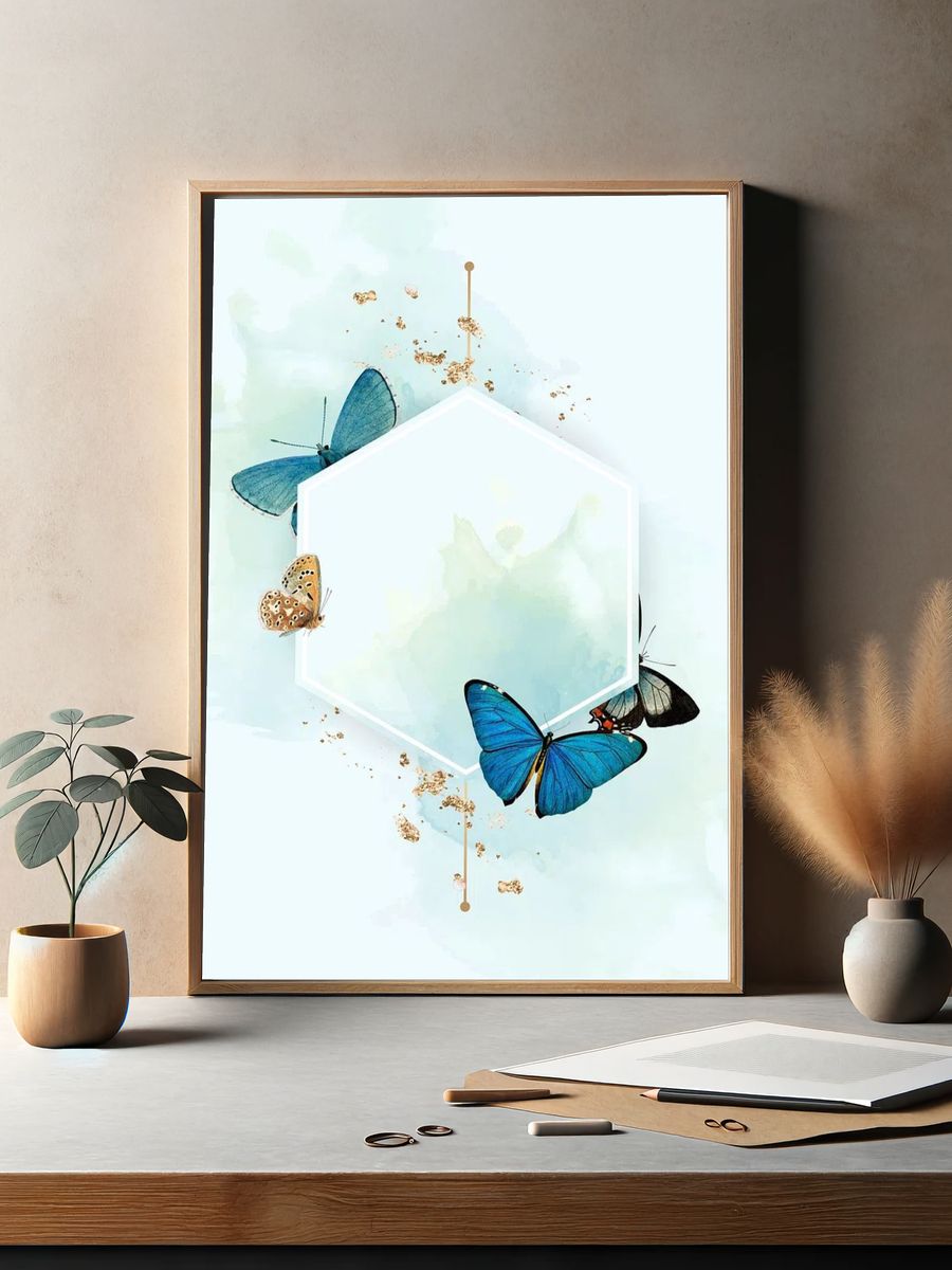 Hexagon frame blue butterflies patterned. — room view 2