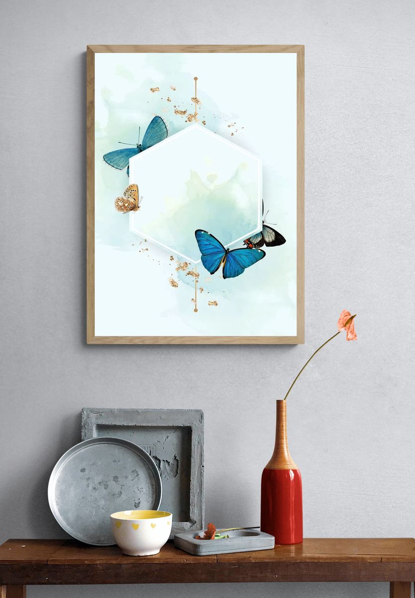 Hexagon frame blue butterflies patterned. — room view 3
