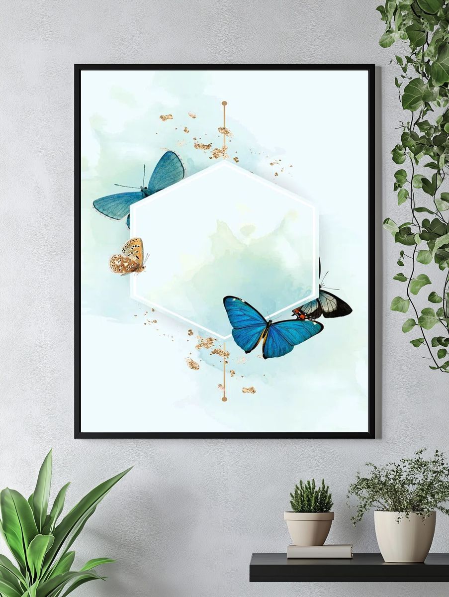 Hexagon frame blue butterflies patterned. — room view 4