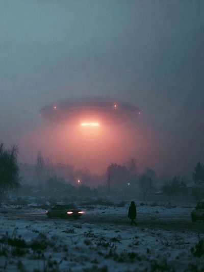 Foggy UFO Landing — Sci-Fi Print. poster print