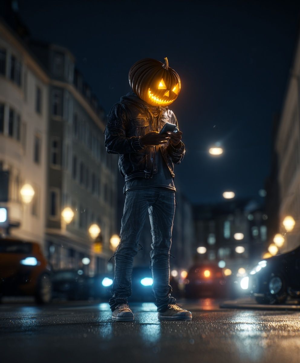 Pumpkin Head Street Scene Poster. poster — illustration art