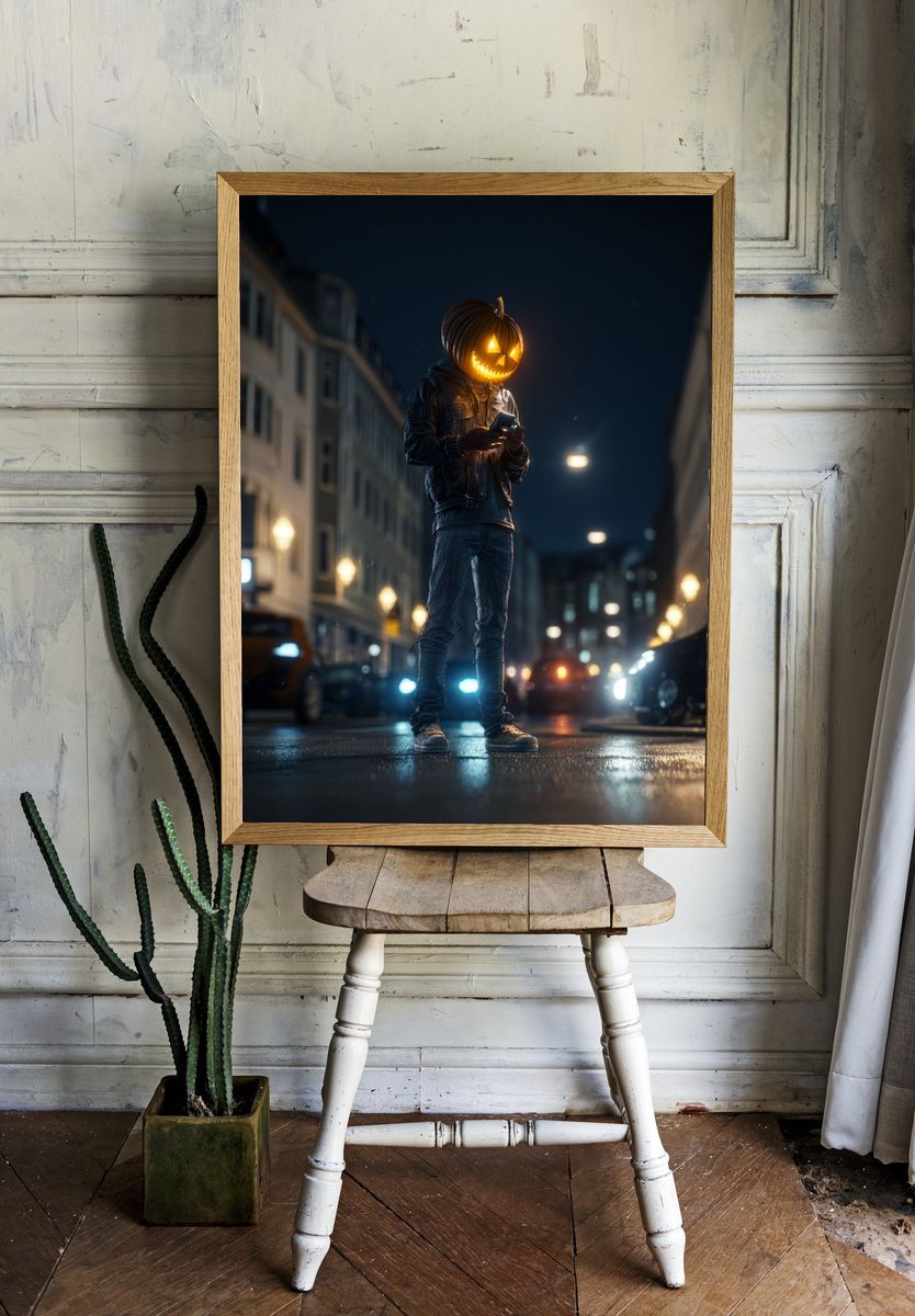 Pumpkin Head Street Scene Poster. — room view 1