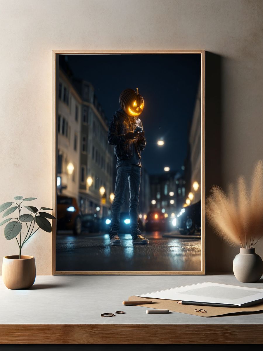 Pumpkin Head Street Scene Poster. — room view 2