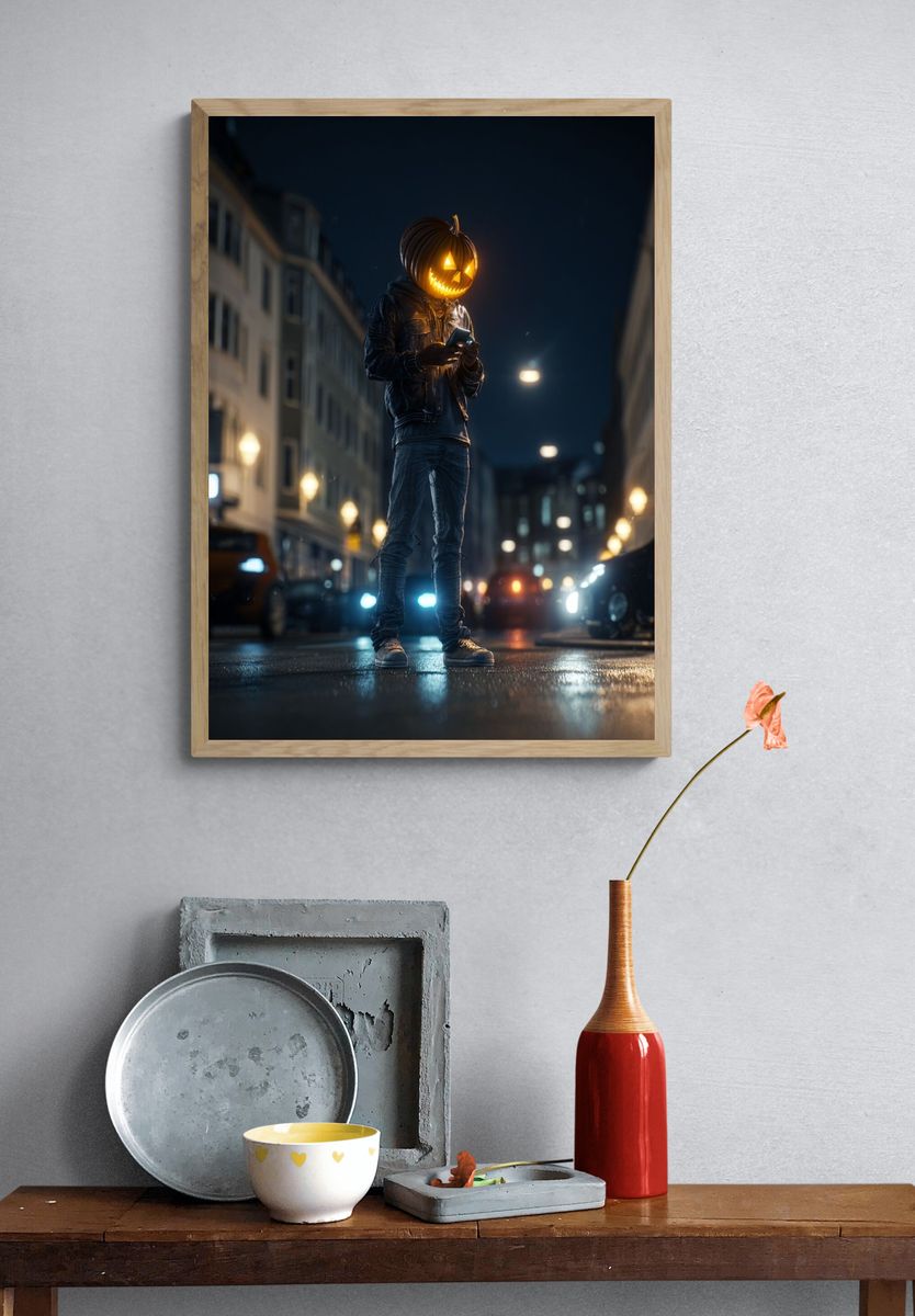 Pumpkin Head Street Scene Poster. — room view 3