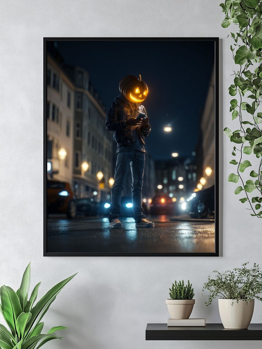Pumpkin Head Street Scene Poster. — room view 4