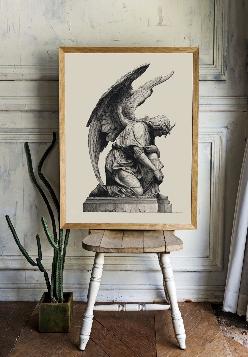 Kneeling Angel Statue Illustration Print. — room view 1