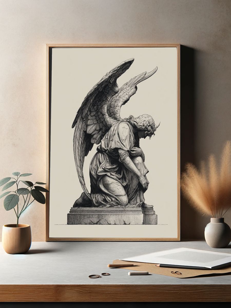 Kneeling Angel Statue Illustration Print. — room view 2