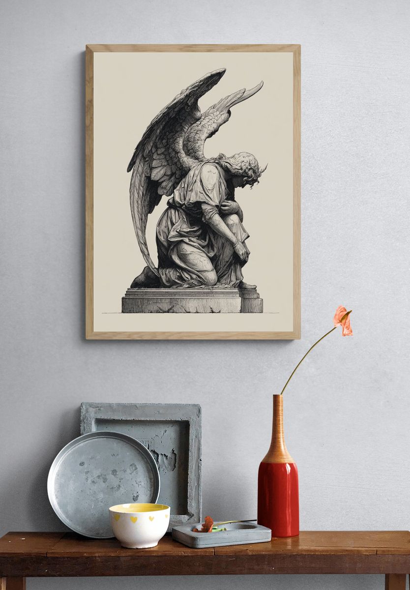 Kneeling Angel Statue Illustration Print. — room view 3