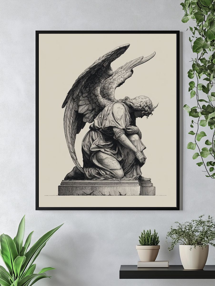 Kneeling Angel Statue Illustration Print. — room view 4