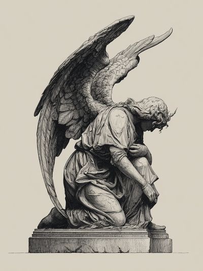 Kneeling Angel Statue Illustration Print. poster