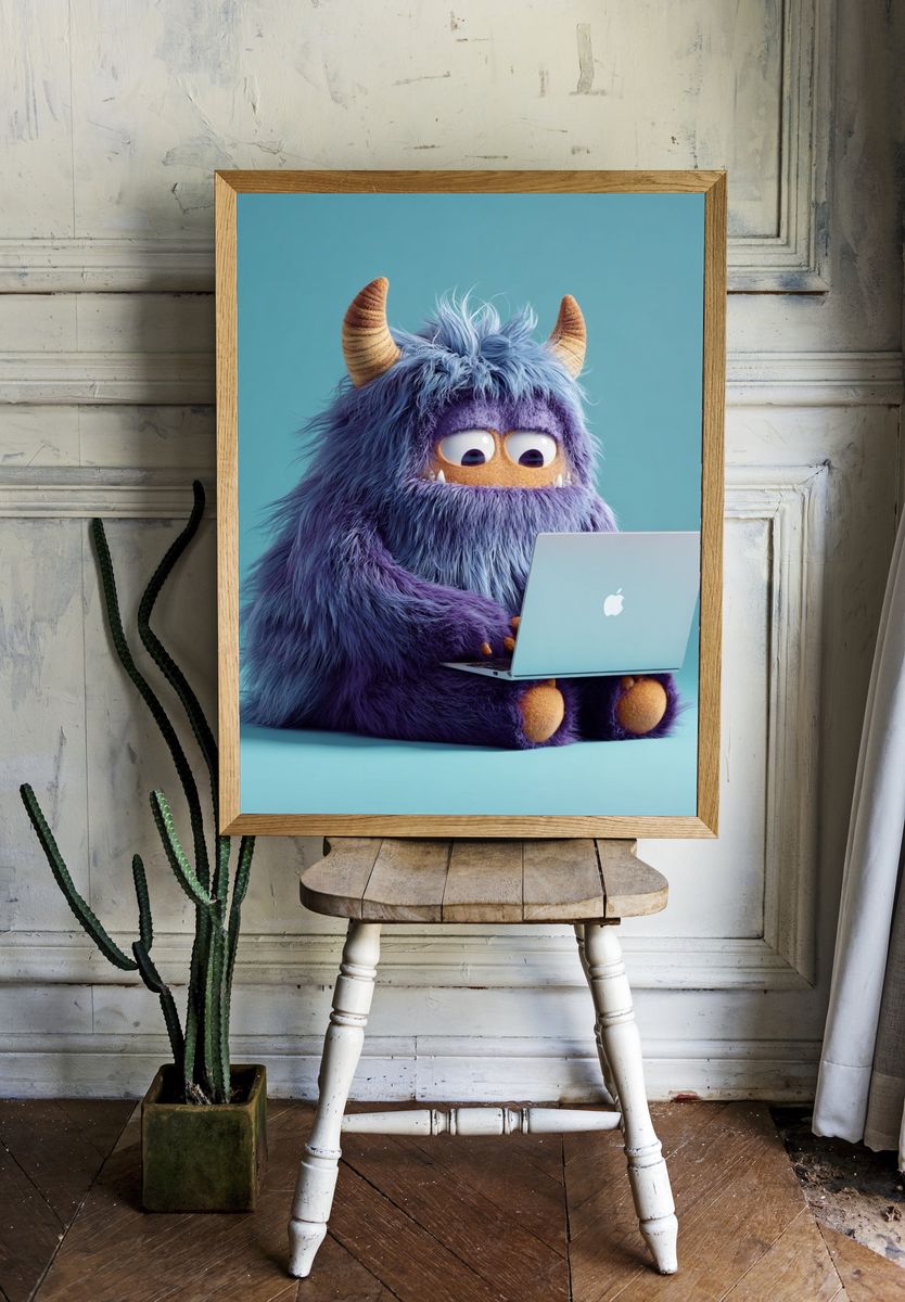 Purple Monster with Laptop Illustration Poster. — room view 1