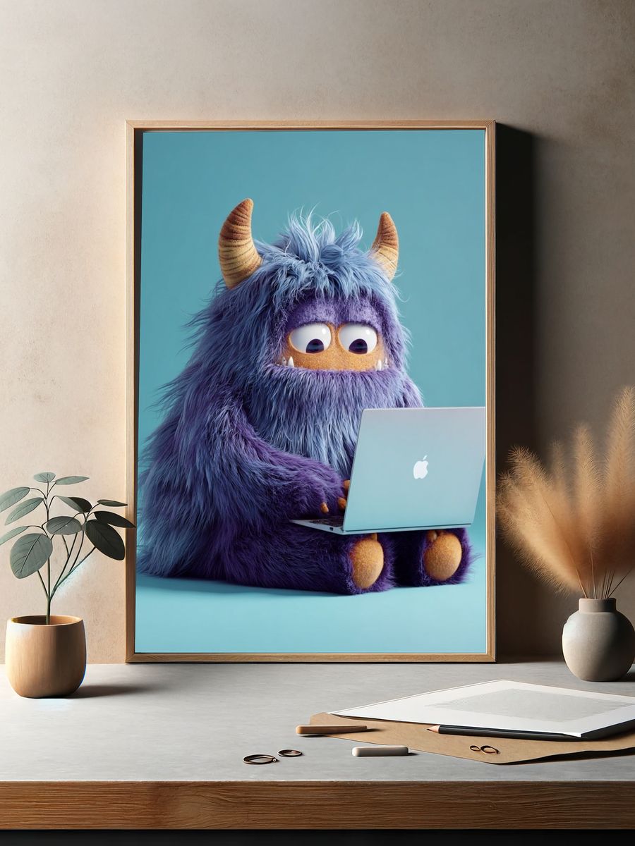 Purple Monster with Laptop Illustration Poster. — room view 2