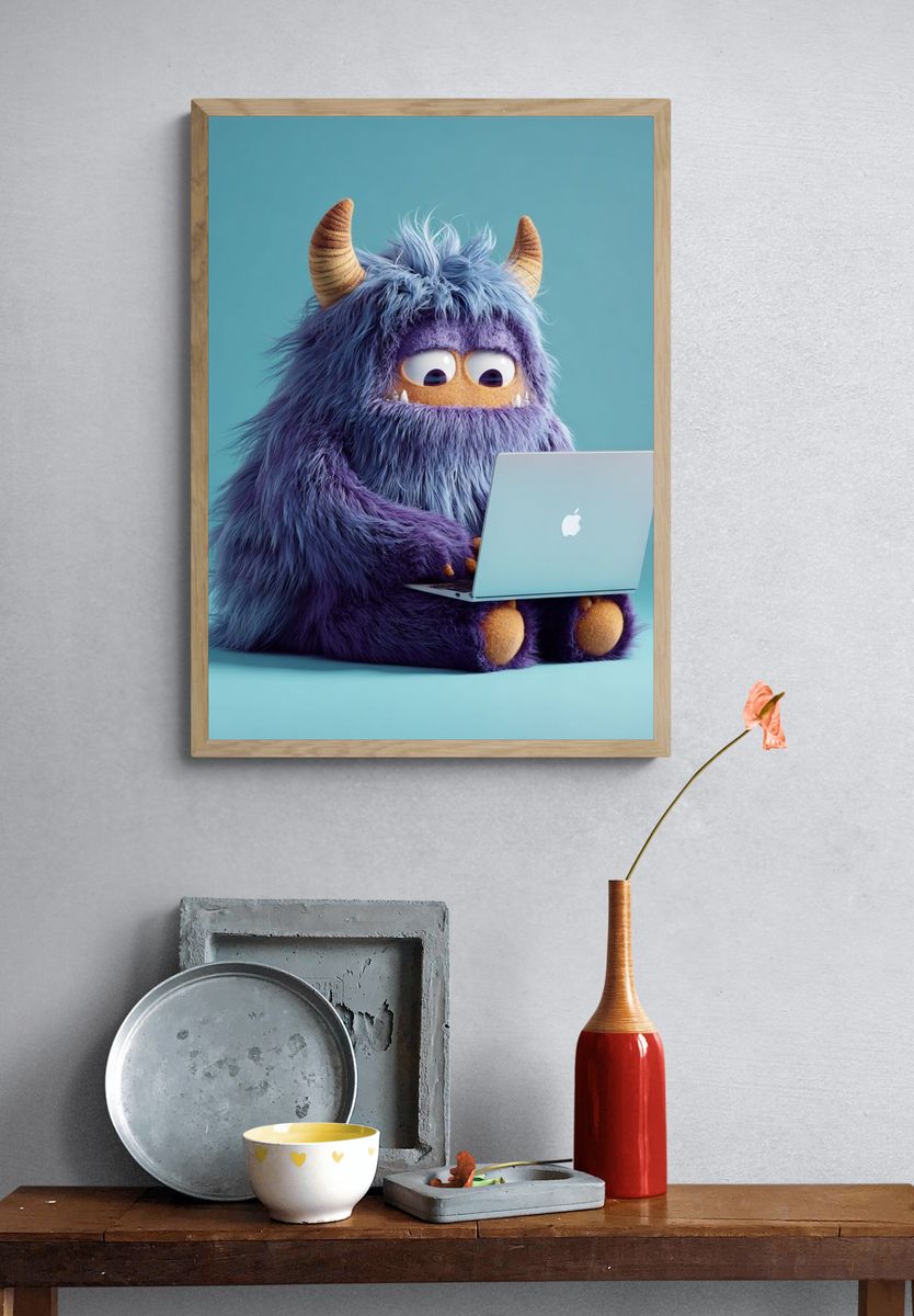 Purple Monster with Laptop Illustration Poster. — room view 3