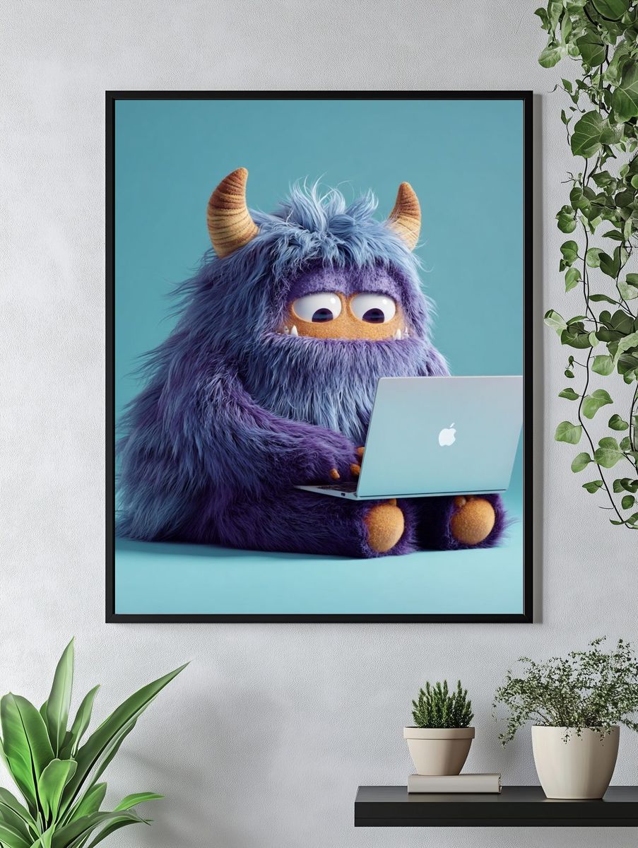 Purple Monster with Laptop Illustration Poster. — room view 4