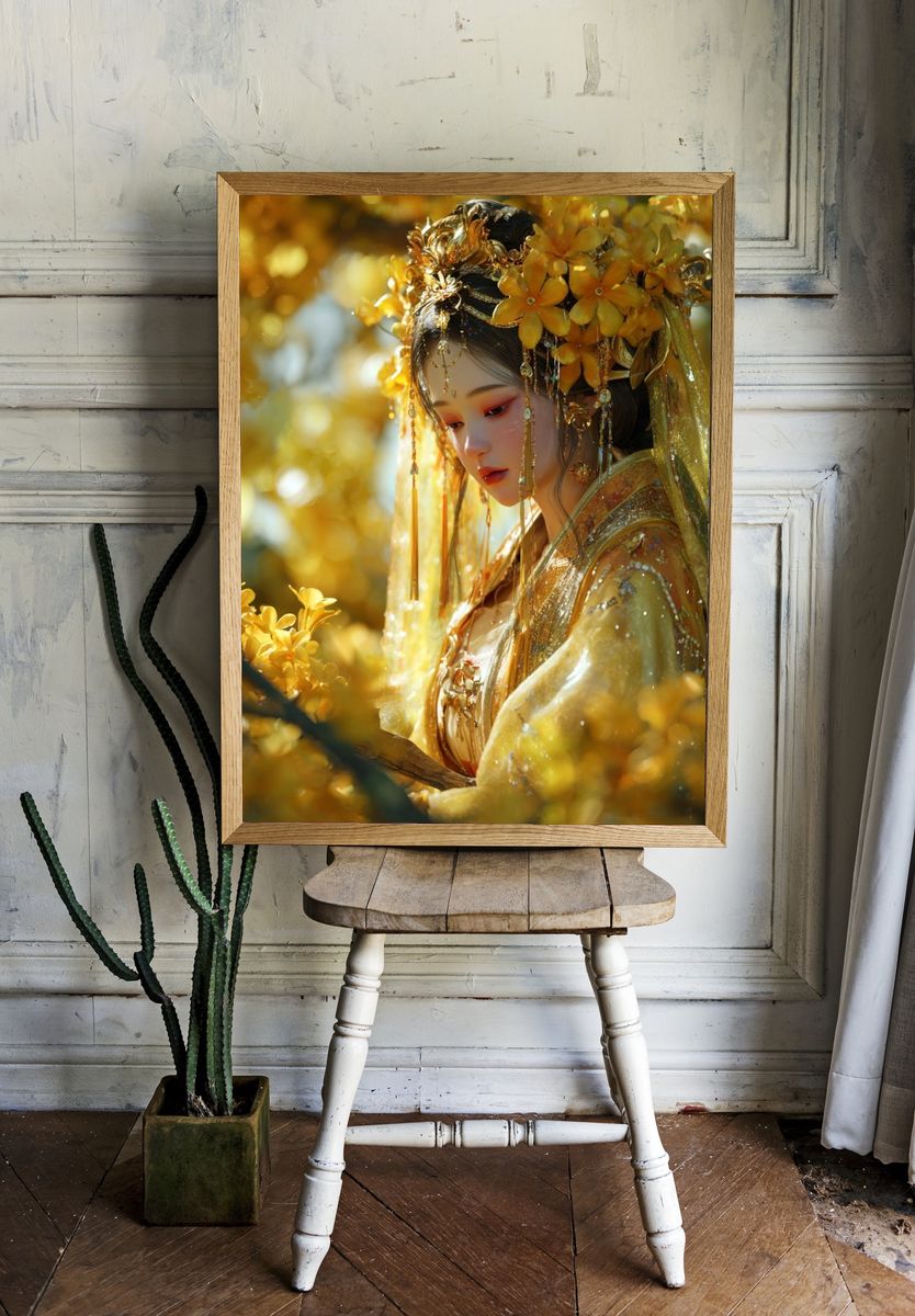 Golden Floral Portrait Print. — room view 1