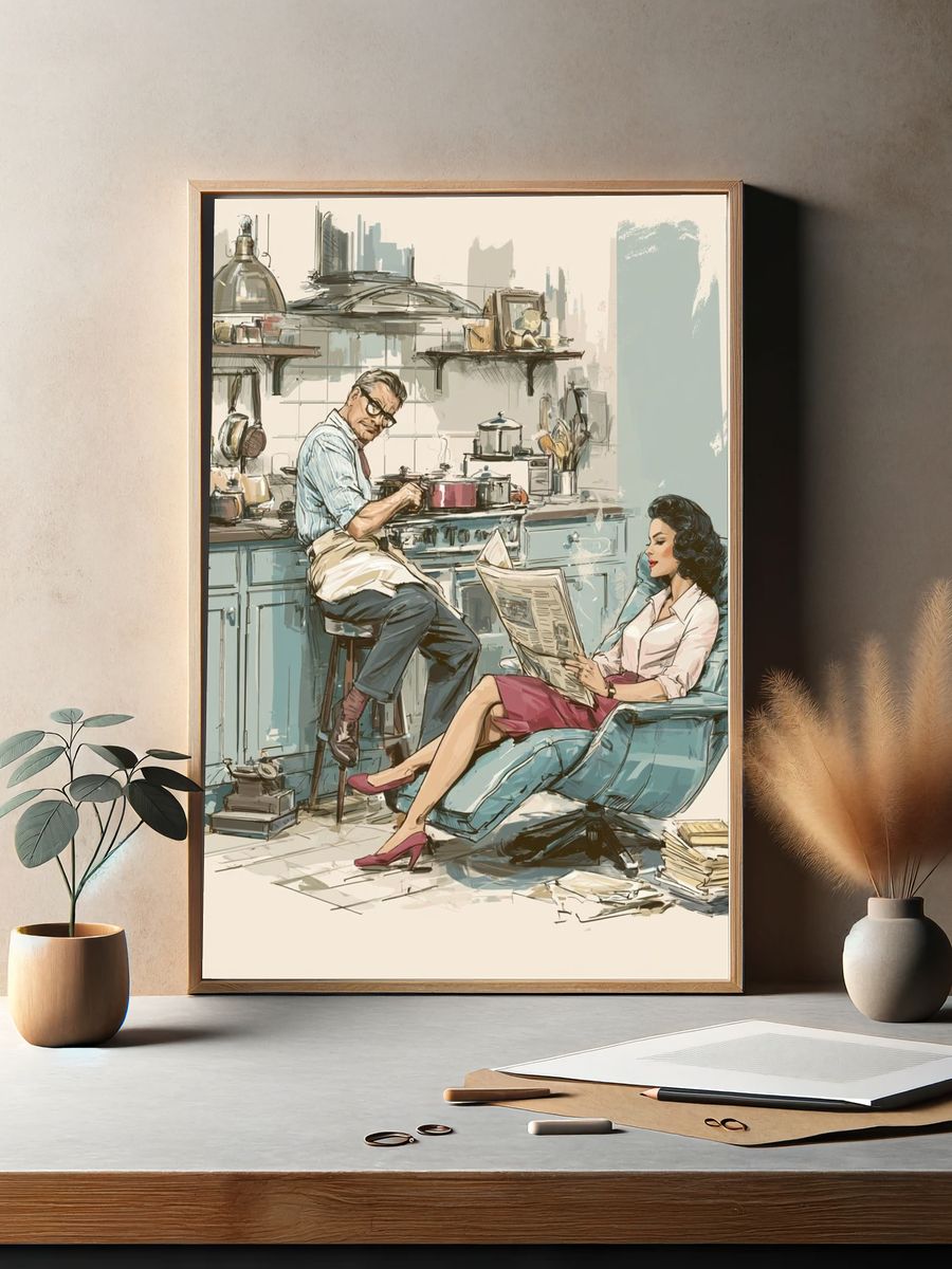 Mid-Century Kitchen Scene Illustration Print. — room view 2