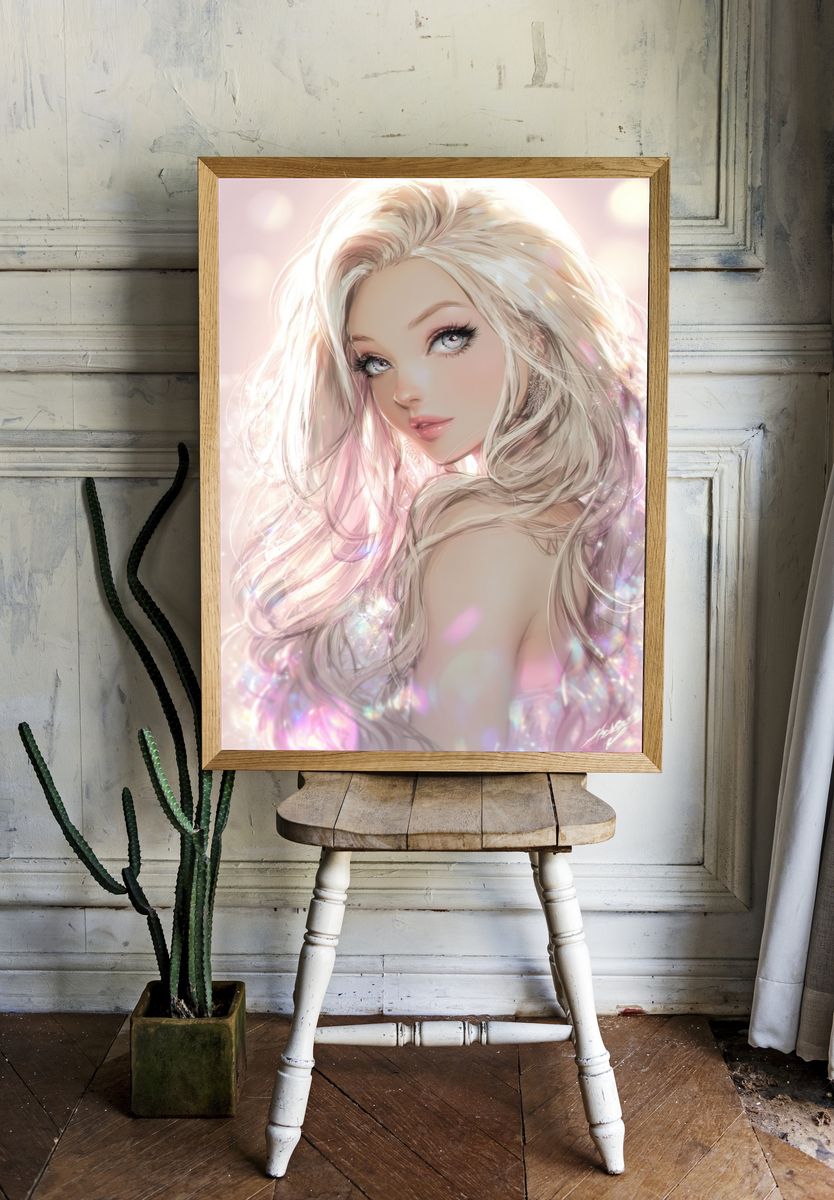 Dreamy Blonde Portrait Illustration Poster. — room view 1