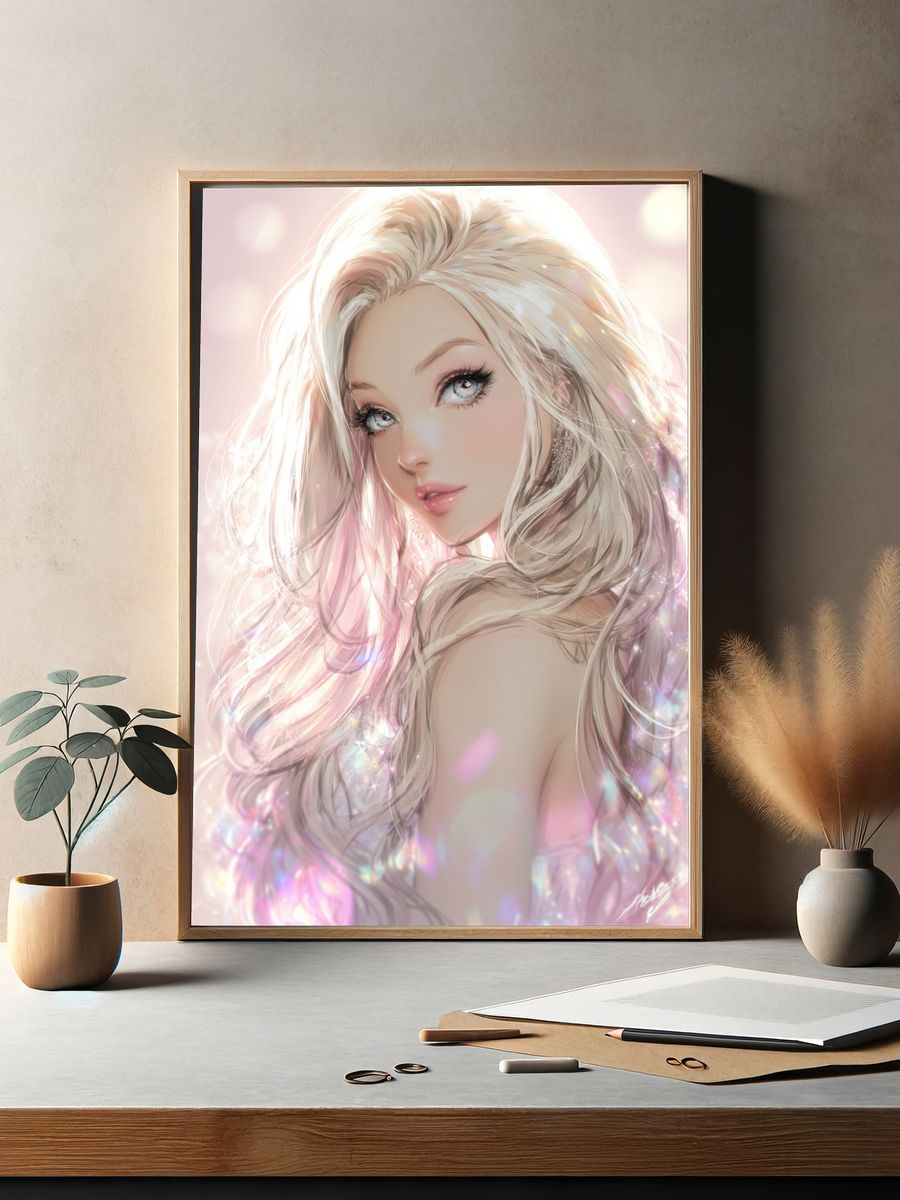 Dreamy Blonde Portrait Illustration Poster. — room view 2