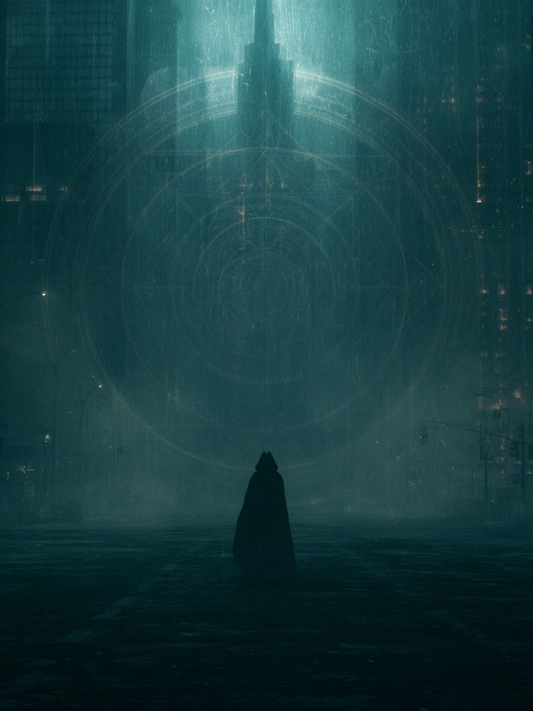 Cloaked Figure in Neon City Print. poster detail