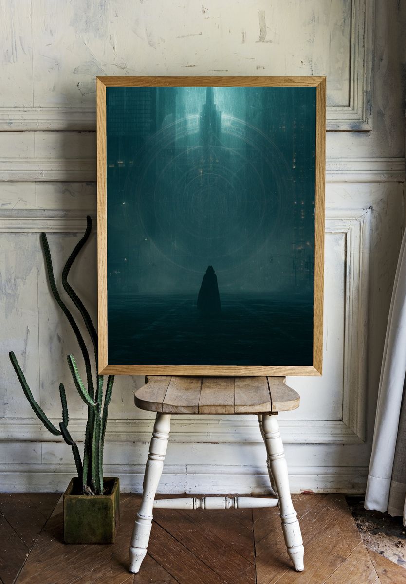 Cloaked Figure in Neon City Print. — room view 1