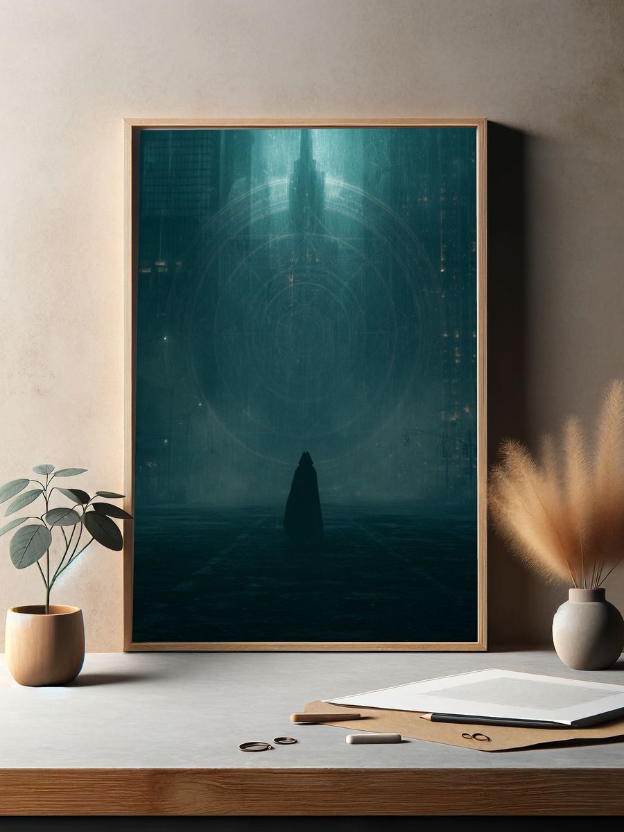 Cloaked Figure in Neon City Print. — room view 2