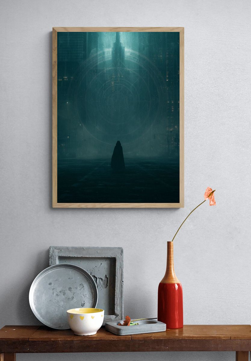 Cloaked Figure in Neon City Print. — room view 3