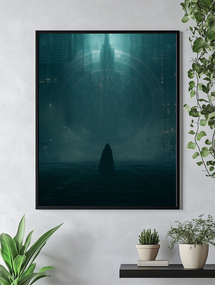 Cloaked Figure in Neon City Print. — room view 4