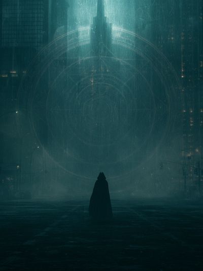 Cloaked Figure in Neon City Print. poster print