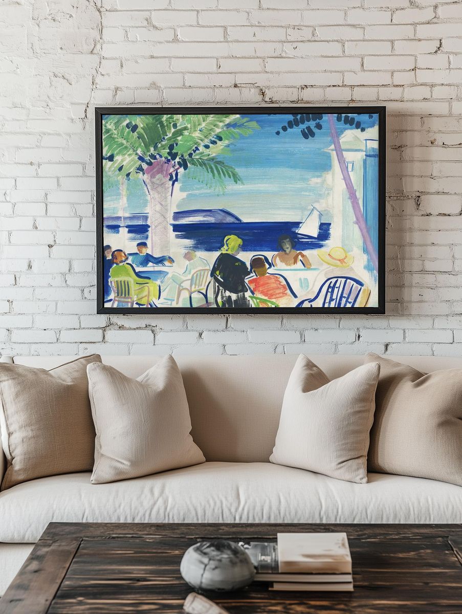 Seaside Café Scene Illustration Poster. — room view 1