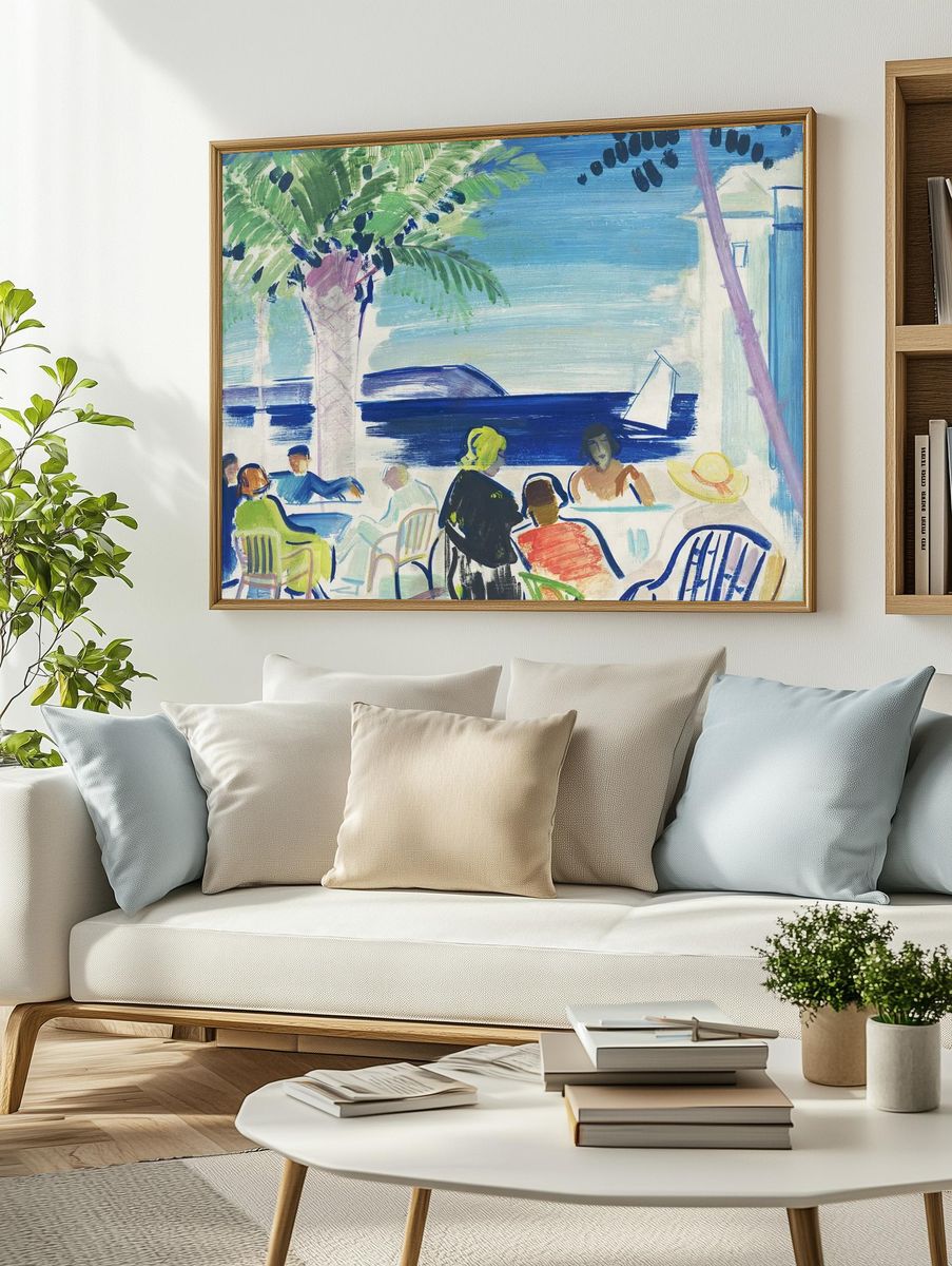 Seaside Café Scene Illustration Poster. — room view 2