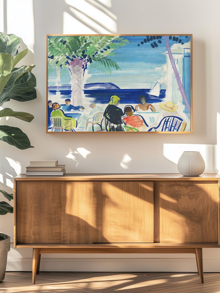 Seaside Café Scene Illustration Poster. — room view 3