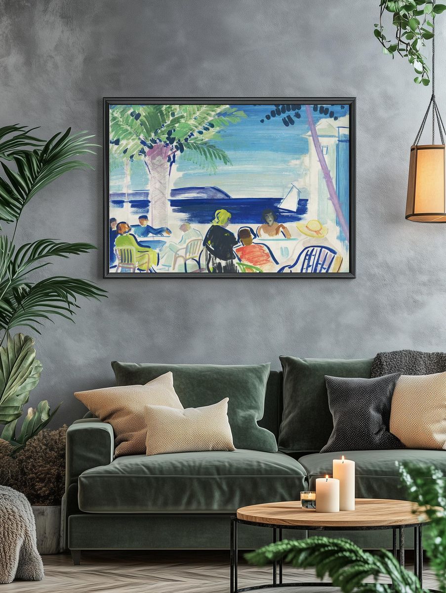 Seaside Café Scene Illustration Poster. — room view 4