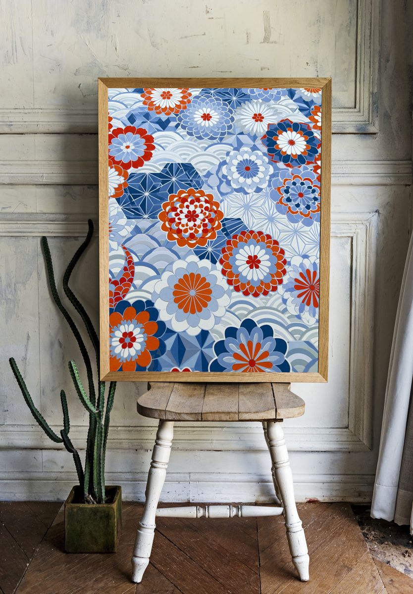 Blue Floral Pattern Illustration Poster. — room view 1