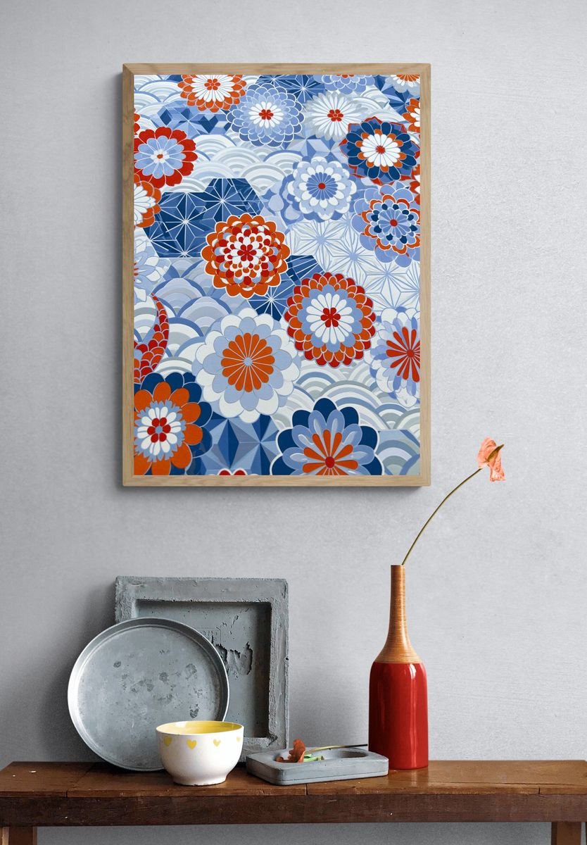 Blue Floral Pattern Illustration Poster. — room view 3