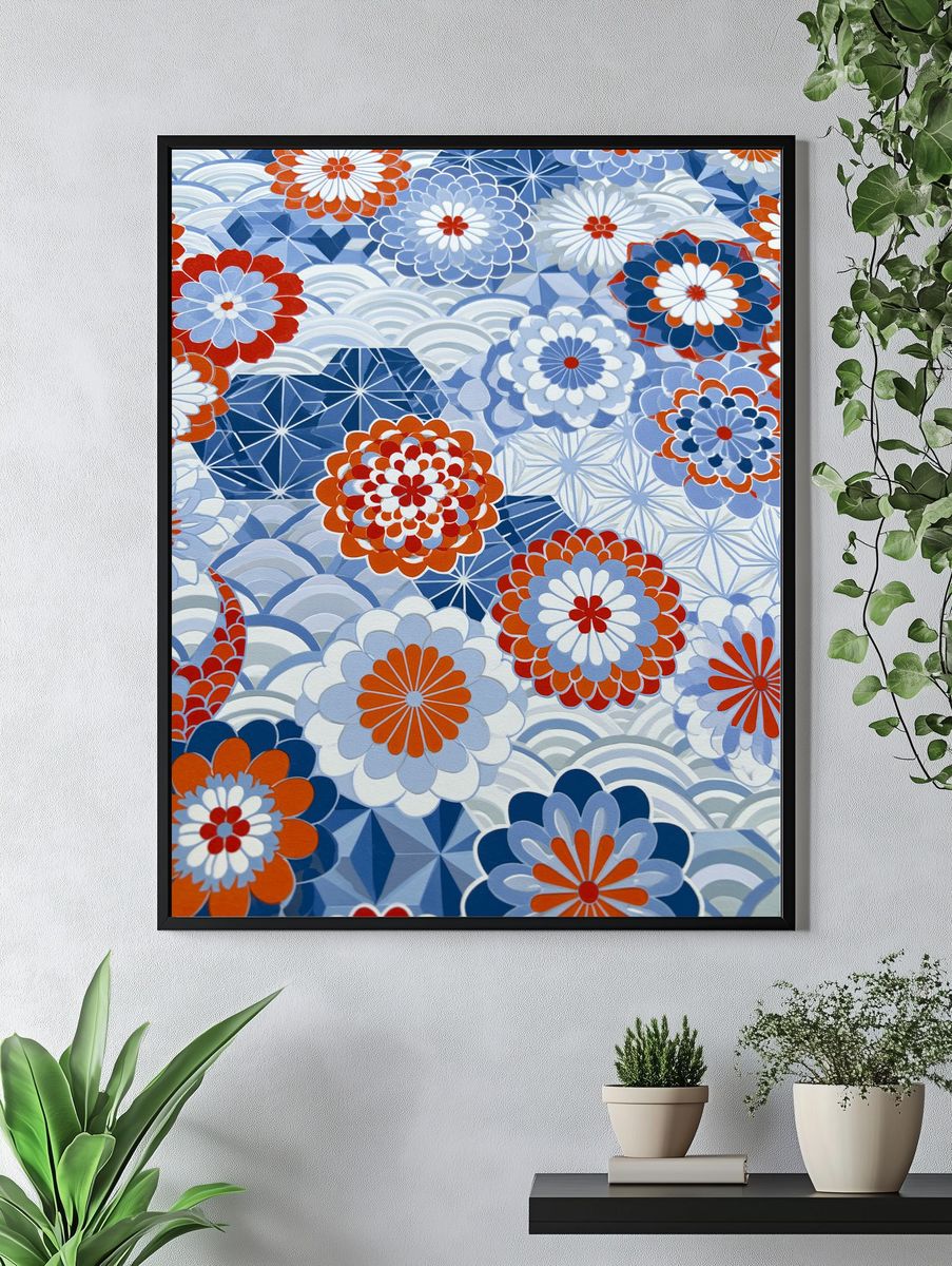 Blue Floral Pattern Illustration Poster. — room view 4