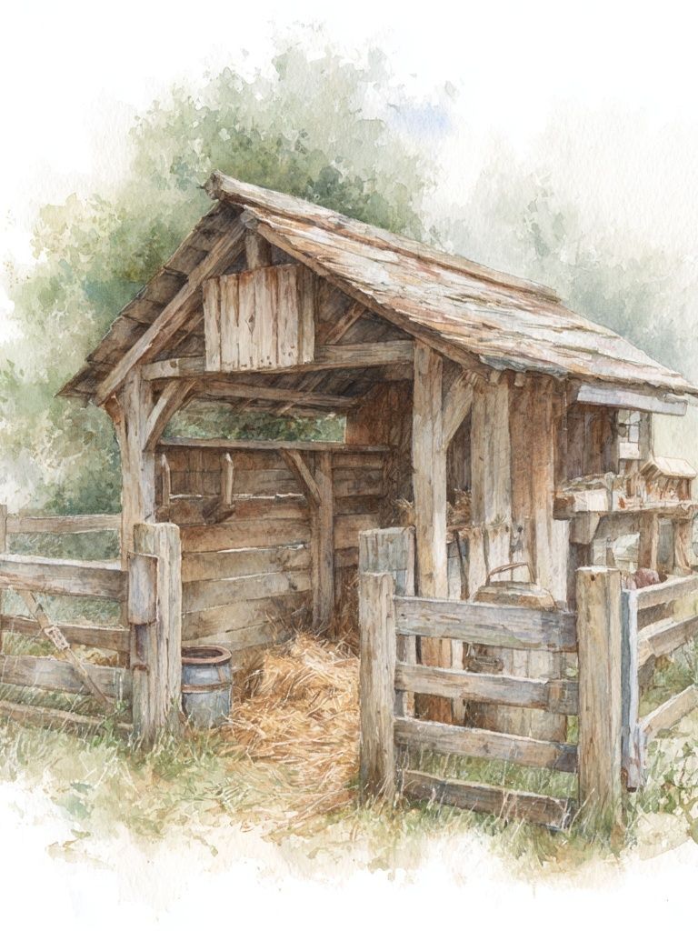 Rustic Farm Shed Watercolor Print. poster detail