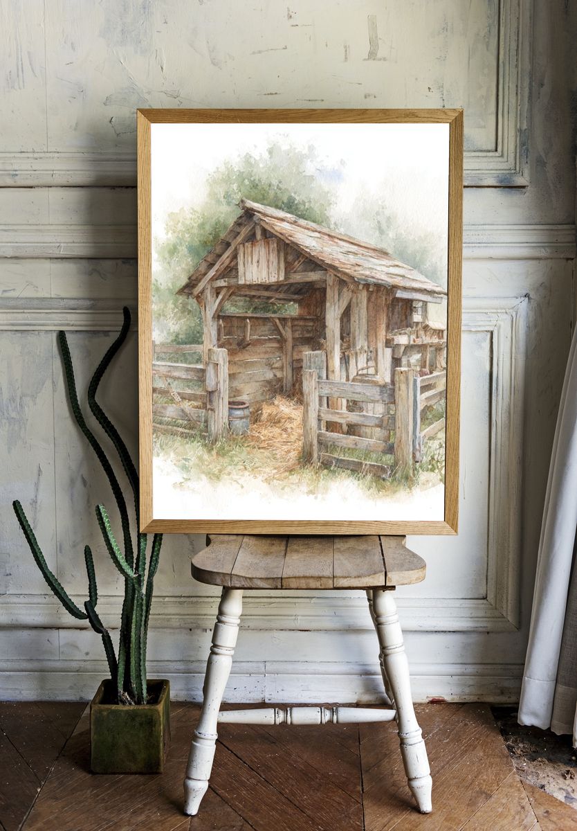 Rustic Farm Shed Watercolor Print. — room view 1