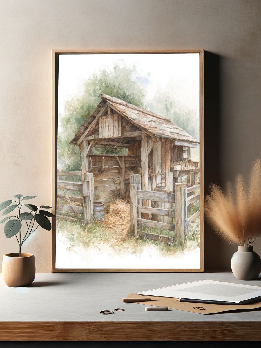 Rustic Farm Shed Watercolor Print. — room view 2