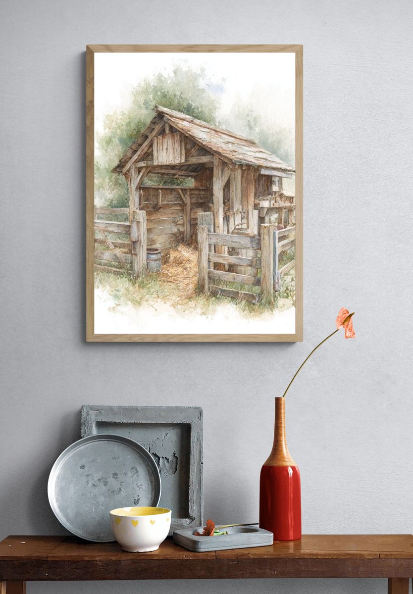 Rustic Farm Shed Watercolor Print. — room view 3