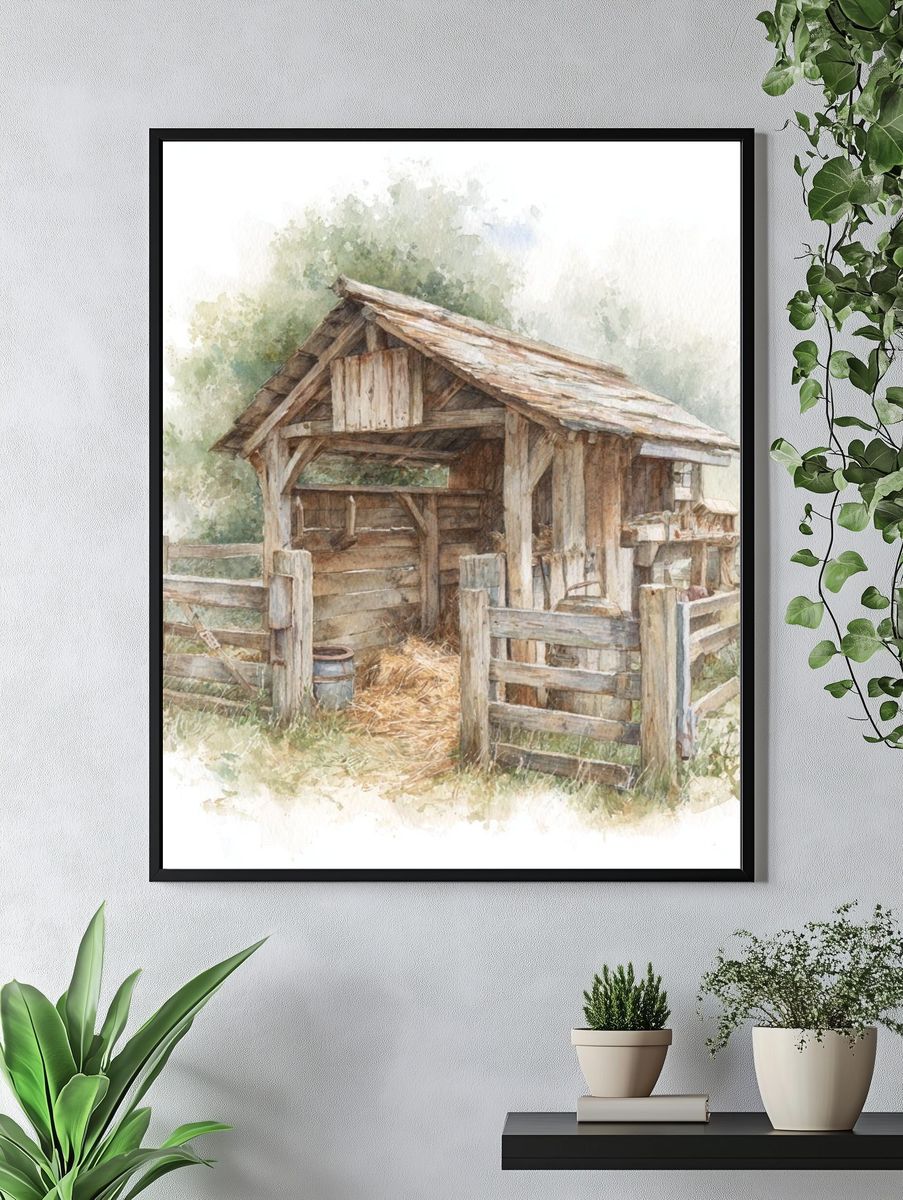 Rustic Farm Shed Watercolor Print. — room view 4