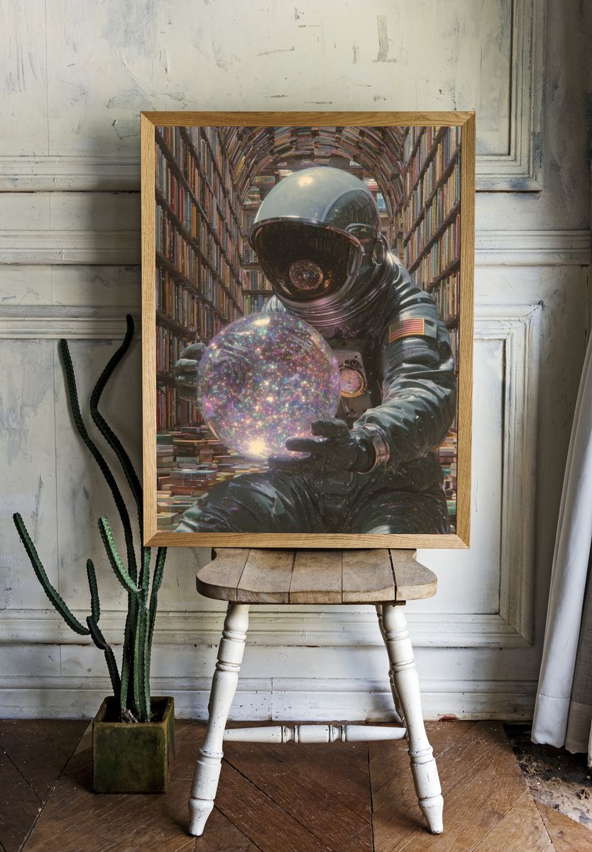 Astronaut Library Surrealism Print. — room view 1