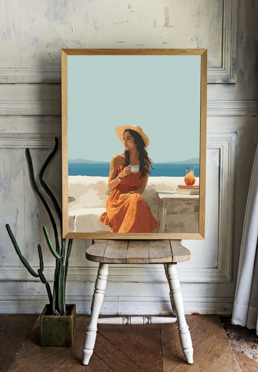 Mediterranean Woman in Orange Dress Poster. — room view 1